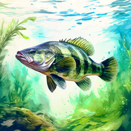 Fish swimming in an underwater scene with greenery fabric panel