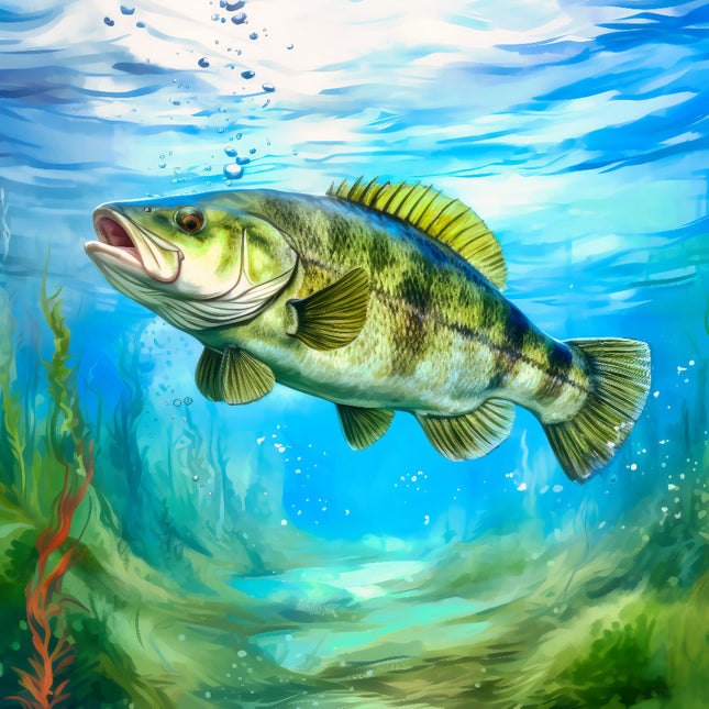 Fish swimming in clear blue water with underwater plants fabric panel