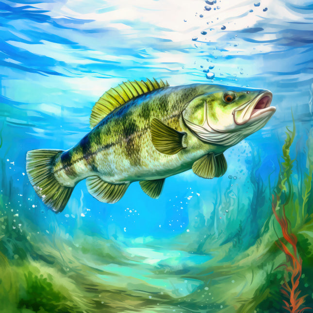 Fish swimming in clear blue water with green plants fabric square