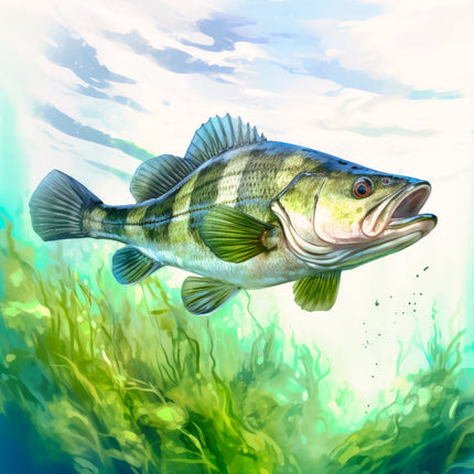 Illustration of a fish swimming in water with green plants