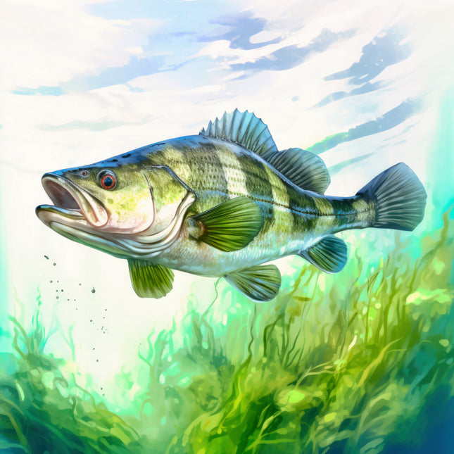 Illustration of a fish swimming in water with green plants quilt block