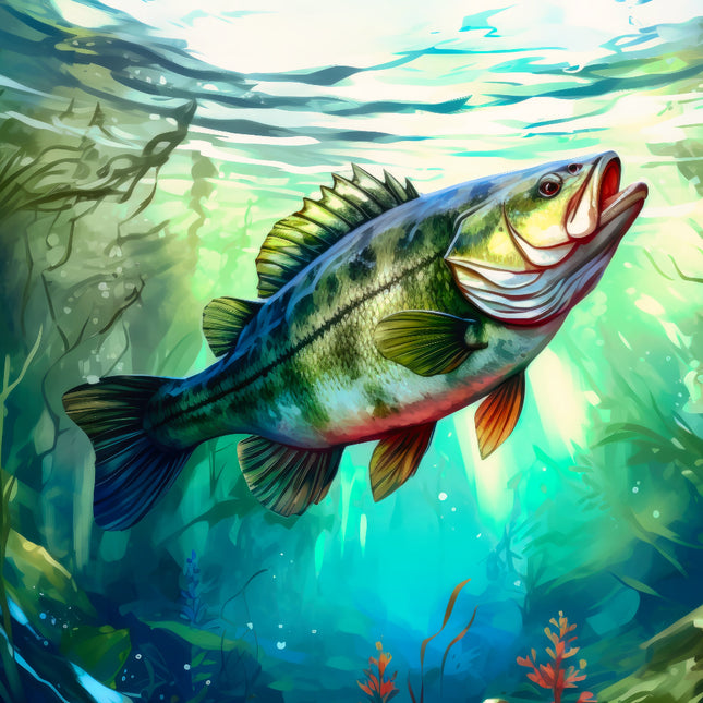 Colorful illustration of a fish swimming in an underwater scene with plants quilt panel