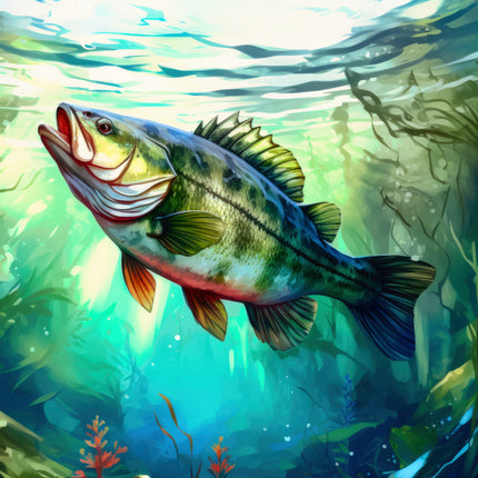 Colorful fish swimming in an underwater scene with greenery quilt block