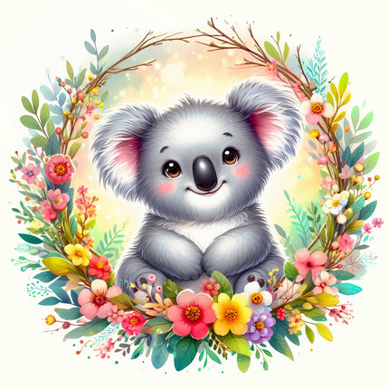 koala surrounded by flowers and leaves fabric panel