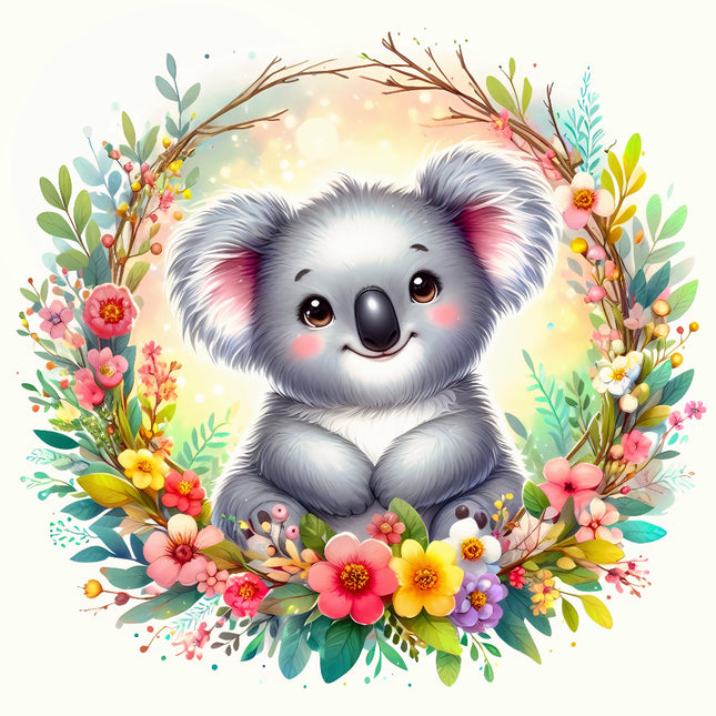 koala surrounded by flowers and leaves fabric panel