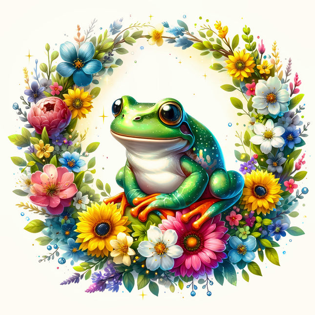 frog surrounded by flowers fabric panel
