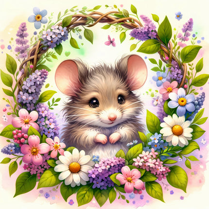 Illustration of a cute mouse surrounded by flowers and leaves fabric panel