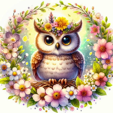 Colorful illustration of an owl with flowers and leaves fabric panel