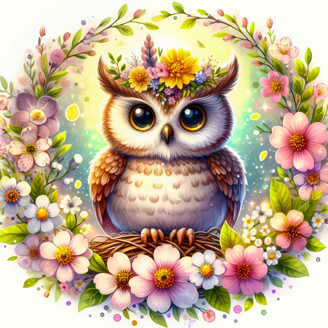 Colorful illustration of an owl with flowers and leaves fabric panel