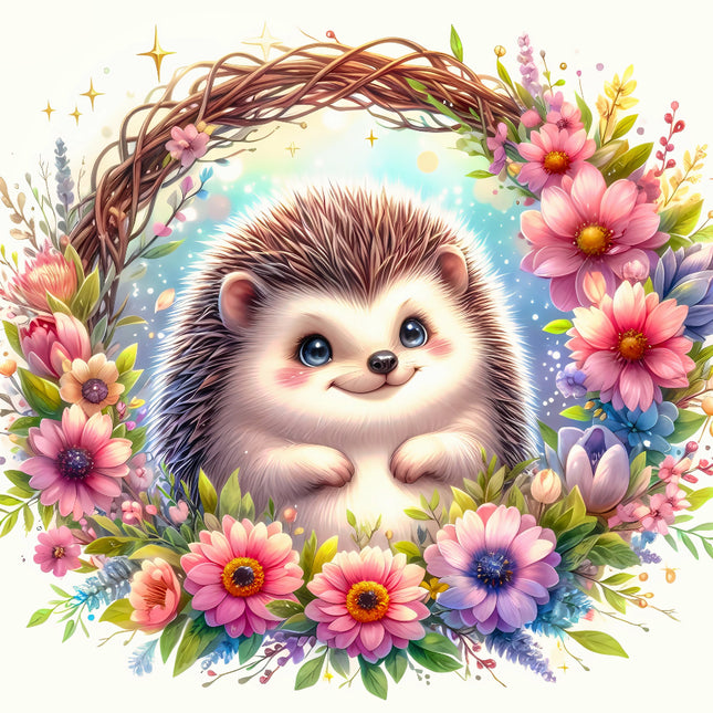hedgehog surrounded by colorful flowers and leaves fabric panel