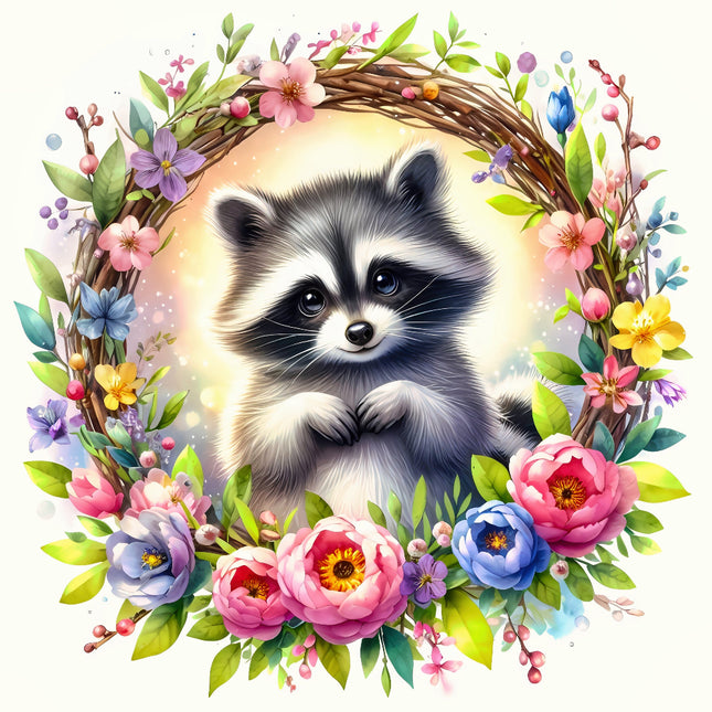raccoon surrounded by colorful flowers and leaves fabric panel