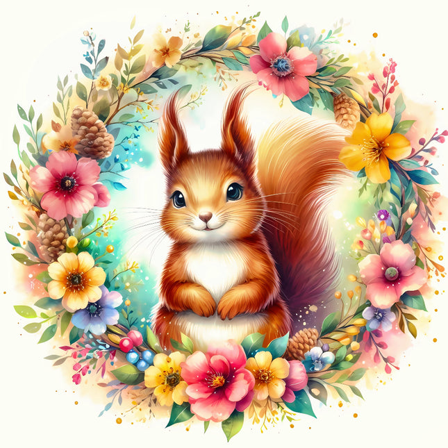 squirrel surrounded by colorful flowers fabric panel