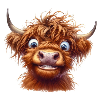 Cartoonish head of a brown cow with large eyes and a happy expression fabric panel