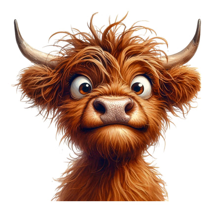 Cartoonish highland cow with large eyes and a surprised expression on a white background