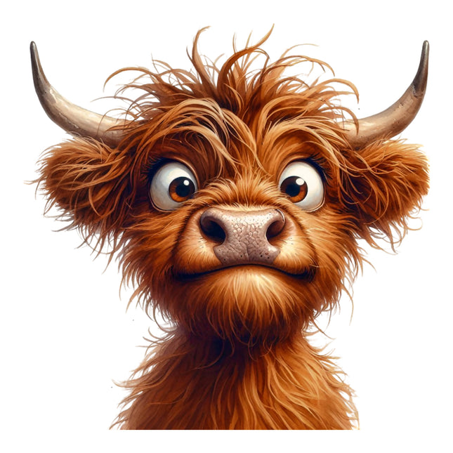 Cartoonish highland cow with large eyes and a surprised expression on a white background