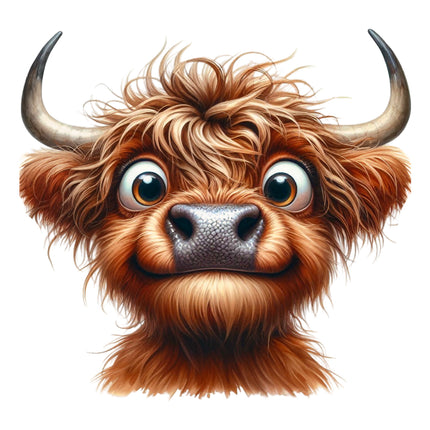 Illustration of a fluffy cow with large eyes and horns quilt block