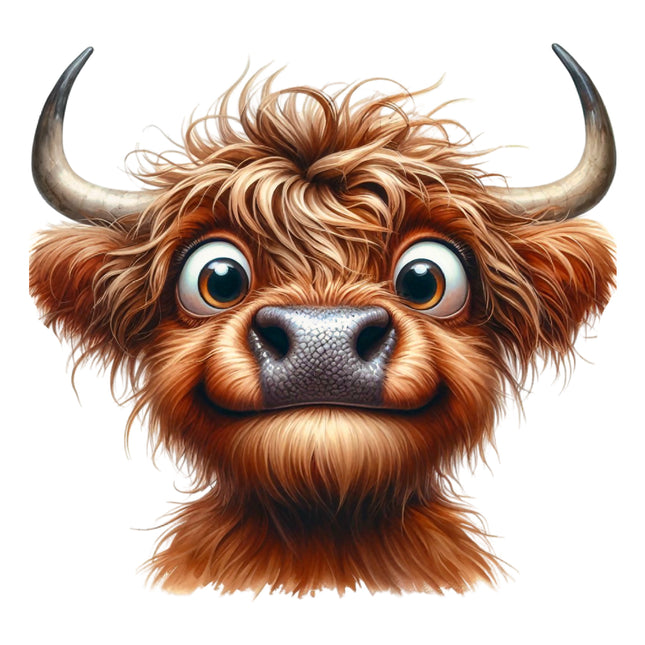 Illustration of a fluffy cow with large eyes and horns quilt block