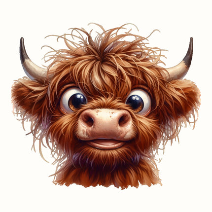 Illustration of a fluffy brown highland cow fabric panel