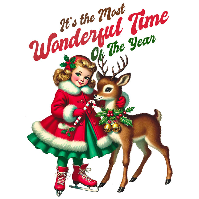 Vintage-style illustration of a girl in a red coat and green skirt with a deer, featuring text 'It's the Most Wonderful Time Of The Year'.