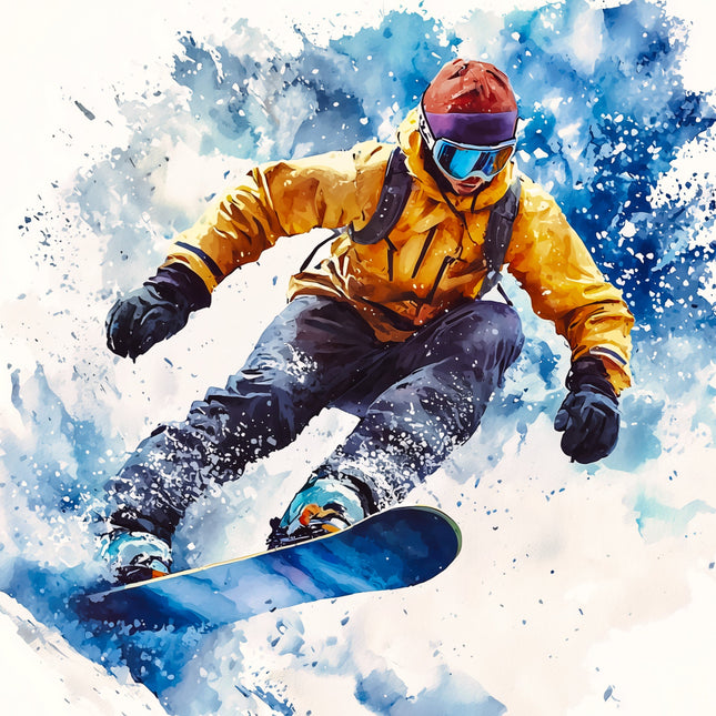 Person snowboarding with a colorful splash effect fabric panel