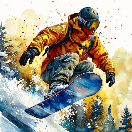 Artistic depiction of a snowboarder in action fabric panel