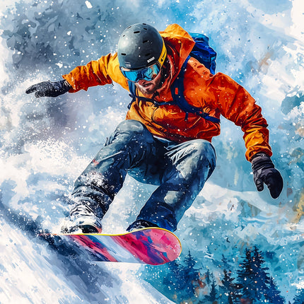 Person snowboarding down a snowy slope fabric panel
