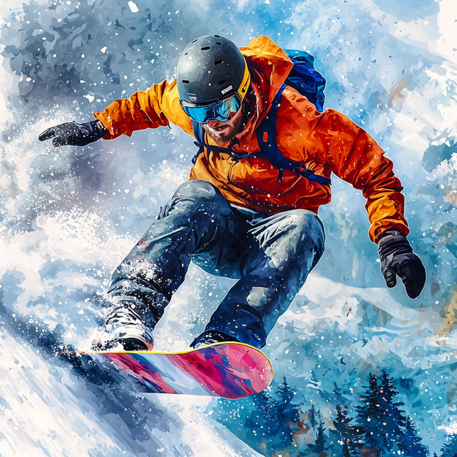 Person snowboarding down a snowy slope fabric panel