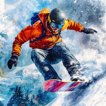 snowboarding in a snowy landscape fabric panel