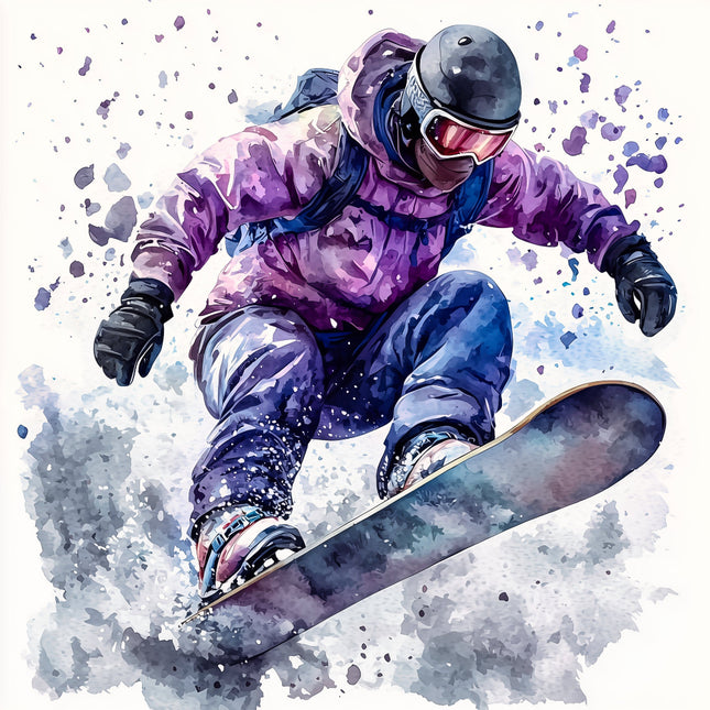 snowboarder in a colorful outfit with a snowboard fabric panel