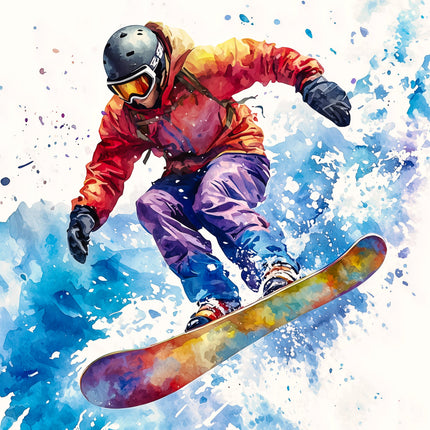 snowboarder in action with a splashy background fabric panel
