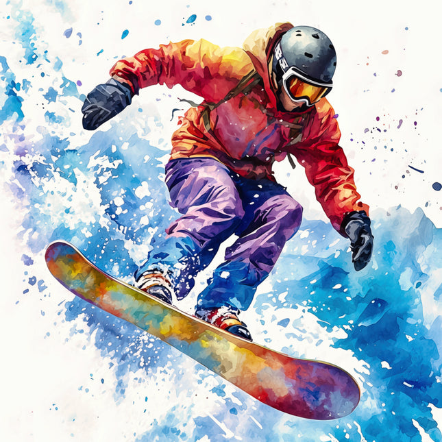 Colorful illustration of a snowboarder in mid-air with a watercolor splash background fabric panel