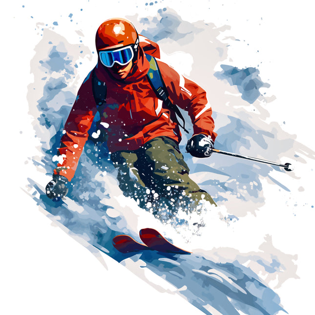 Artistic illustration of a skier in action with watercolor effects fabric panel