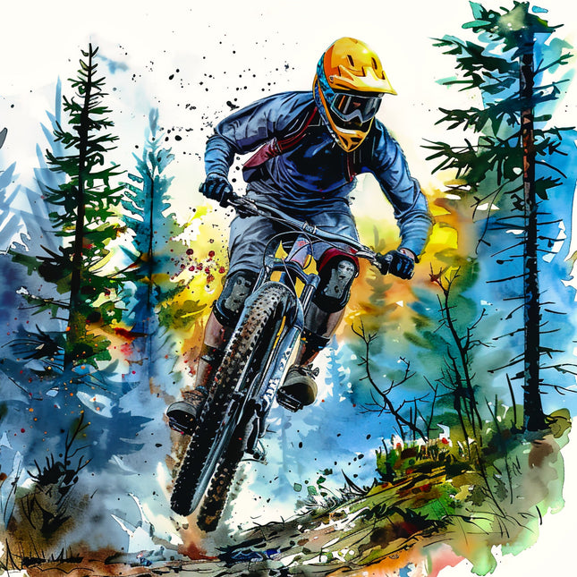 mountain biker in a forest fabric panel