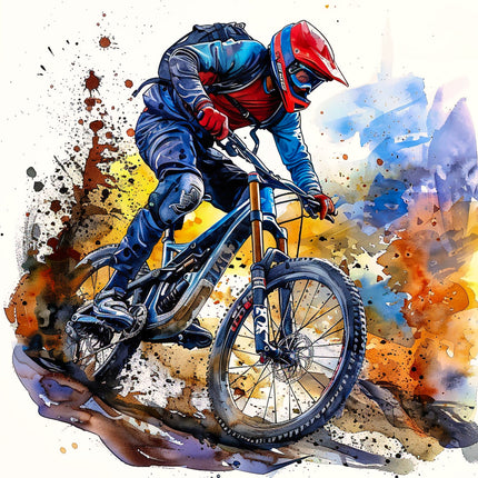 Artistic depiction of a mountain biker fabric panel