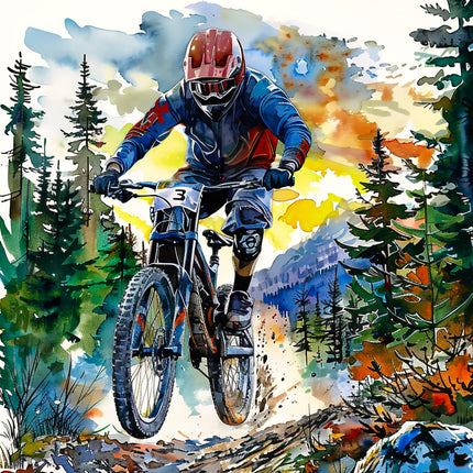 Artistic depiction of a mountain biker in a forest with colorful watercolor style fabric panel