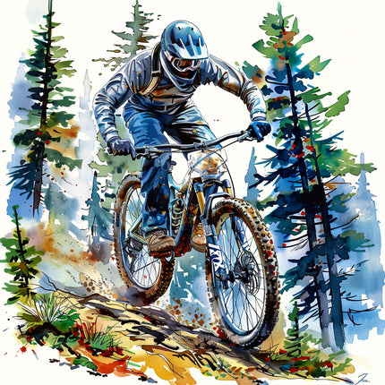 mountain biker in a forest setting fabric panel
