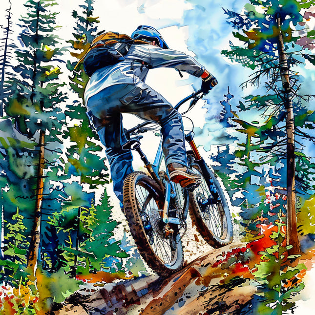 Watercolor painting of a mountain biker in a forest