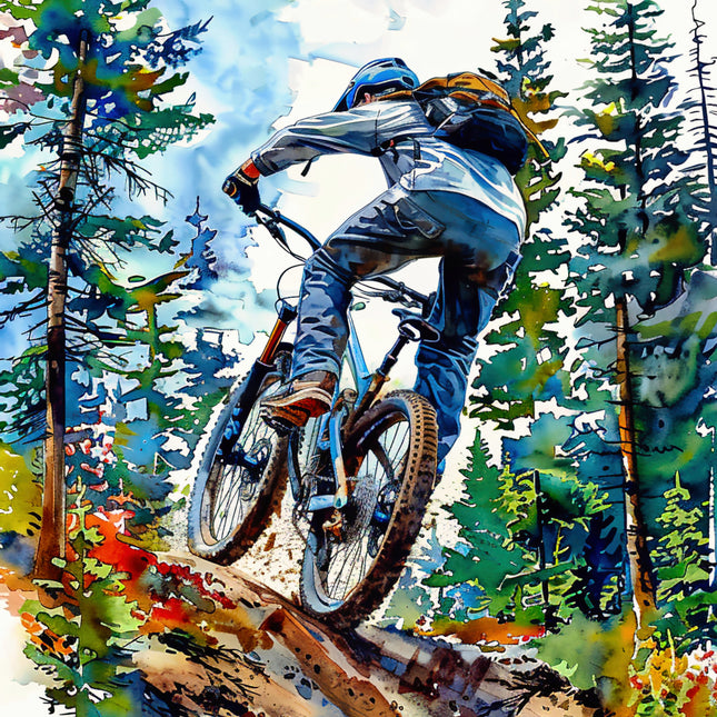 mountain biker in a forest quilt panel