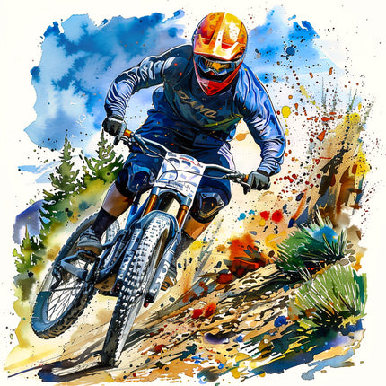 Artistic depiction of a mountain biker in action with a colorful watercolor background quilt panel