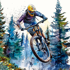 mountain biker navigating a forest trail fabric panel