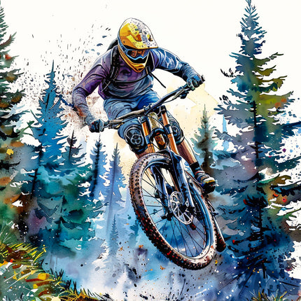 mountain biker navigating a forest trail fabric panel