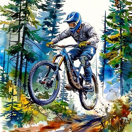 Artistic depiction of a mountain biker in a forest quilt panel