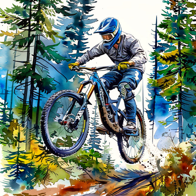 Artistic depiction of a mountain biker in a forest quilt panel