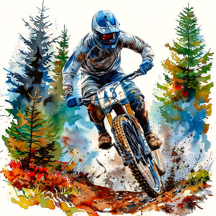 bike rider in action with a colorful forest background fabric panel