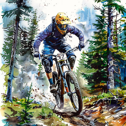 Illustration of a mountain biker in a forest quilt panel