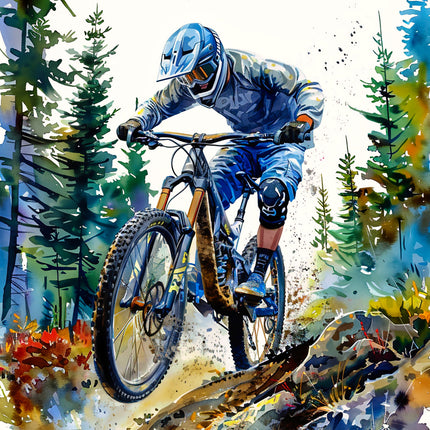 mountain biker in a forest fabric panel