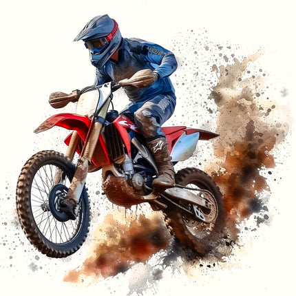 Person riding a red dirt bike with a splash of dirt and mud fabric panel