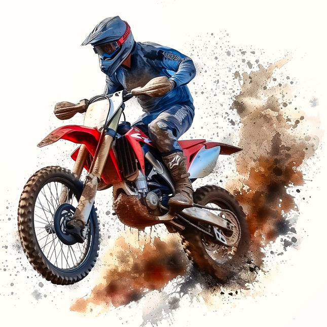 Person riding a red dirt bike with a splash of dirt and mud fabric panel