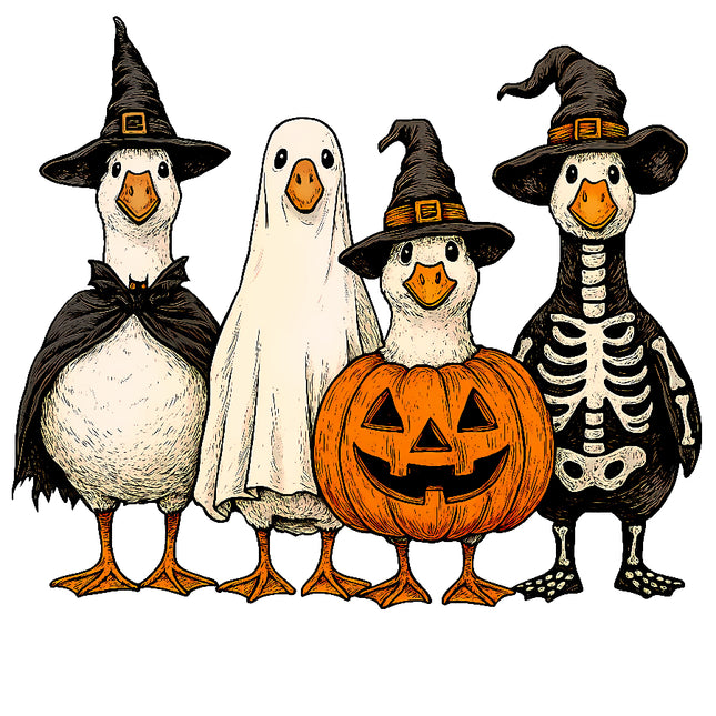 Four cartoon ducks in Halloween costumes with a pumpkin fabric panel