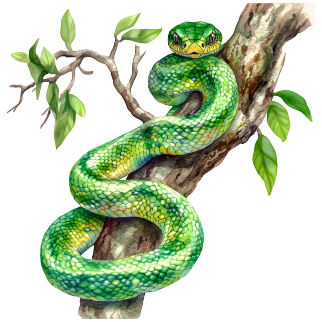 Green snake coiled on a branch with leaves quilt block